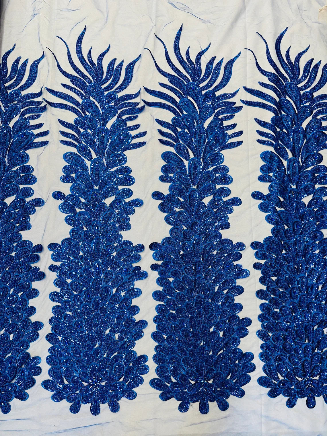 3D Beaded Peacock Feathers - Vegas Design Embroidered Sequins and Beads On a Mesh Lace Fabric - 15 Yard Roll