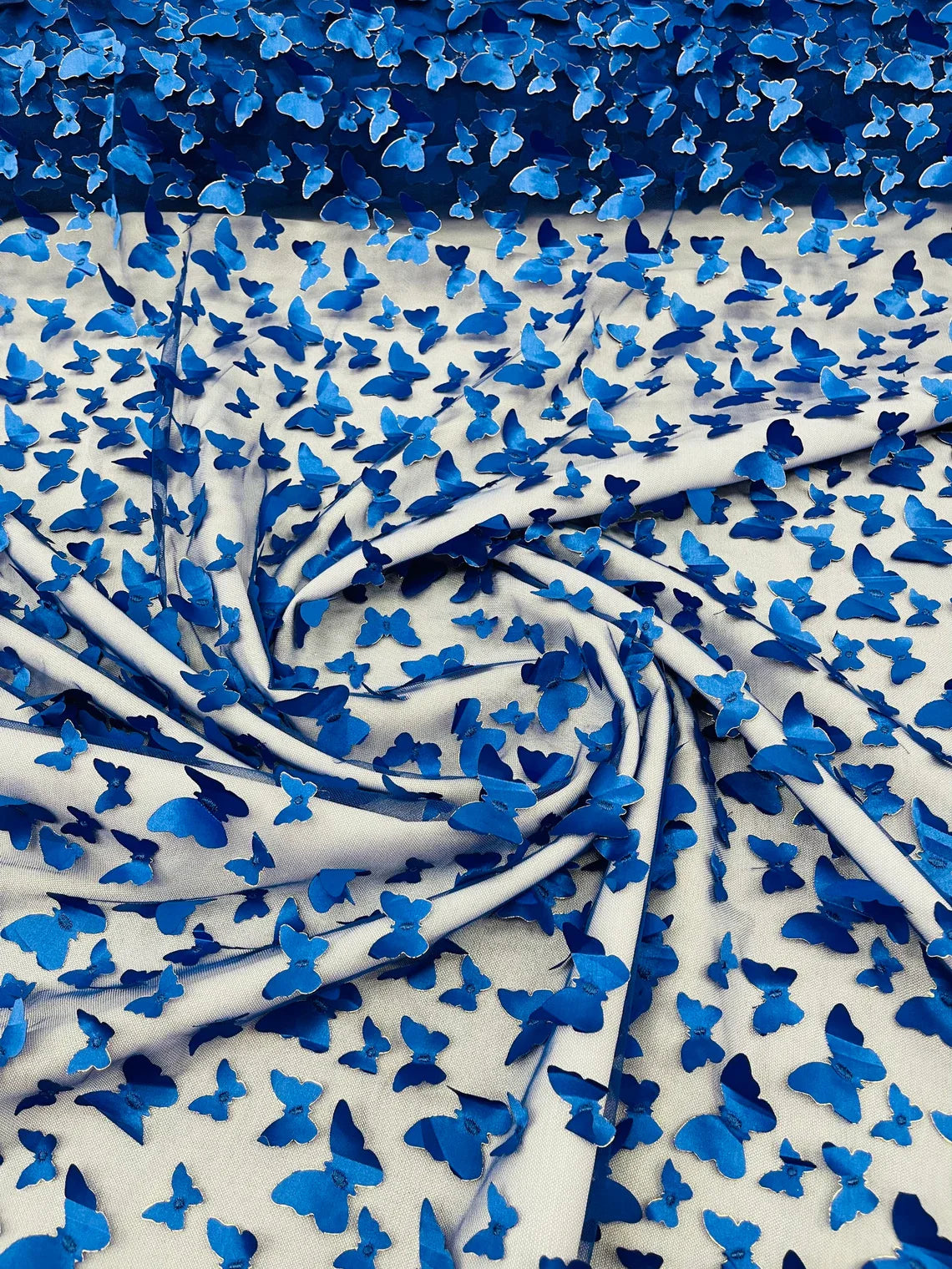 3D Butterfly Design Lace - Royal Blue - Embroidered Lace with 3D Butterfly Design By Yard