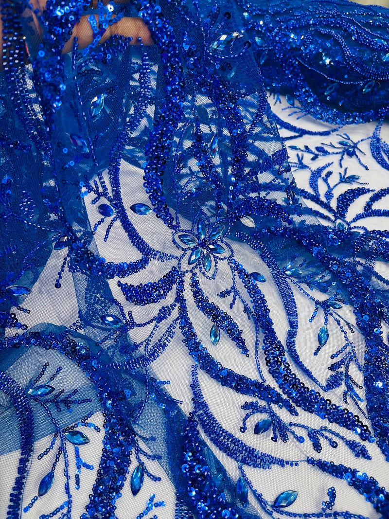 Wavy Leaf / Floral Bead Fabric - Royal Blue - Beaded Rhinestone Embroidered on a Mesh By Yard