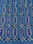 Fancy Gem Jewel Fabric - Royal Blue - Geometric Stretch Sequins Design on Mesh By Yard