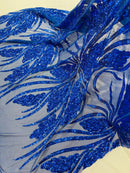 Wavy Leaf Sequins Fabric - Royal Blue - Wavy Lines and Leaves Design on Lace Mesh Fabric by Yard