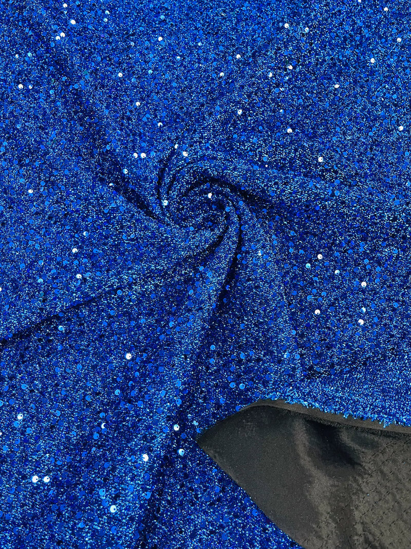 Sequins on Metallic Foil - Royal Blue - 5mm Sequins Confetti 2Way Stretch Spandex Fabric by yard