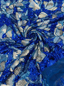 Orchid Design Sequins - Royal Blue - 4 Way Stretch Full Sequins Floral Design Mesh Fabric By Yard