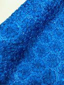 Satin Rosette Sequins Fabric - Royal Blue - 3D Rosette Satin Rose Fabric with Sequins By Yard