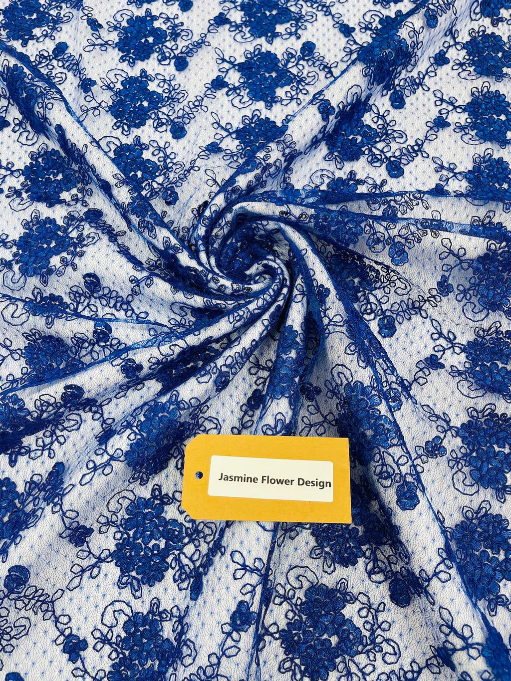Embroidered Flower Fabric - Royal Blue - Floral Design Scalloped Border Fabric By Yard