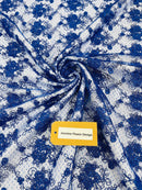 Embroidered Flower Fabric - Royal Blue - Floral Design Scalloped Border Fabric By Yard