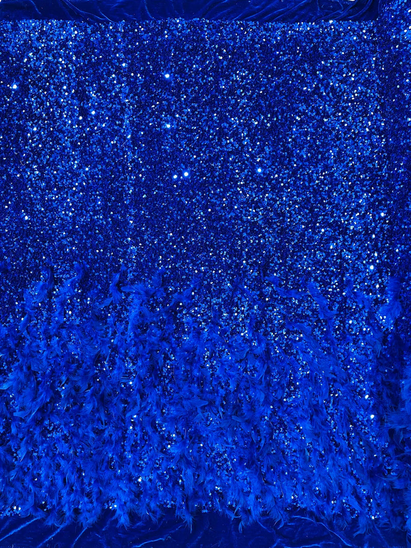 Feather Sequin Velvet Fabric - Royal Blue - 5mm Sequins Velvet 2 Way Stretch 58/60" Fabric By Yard