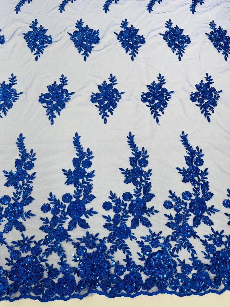Beaded Rose Flower Fabric - Royal Blue - Embroidered Beaded Long Border Floral Fabric By Yard