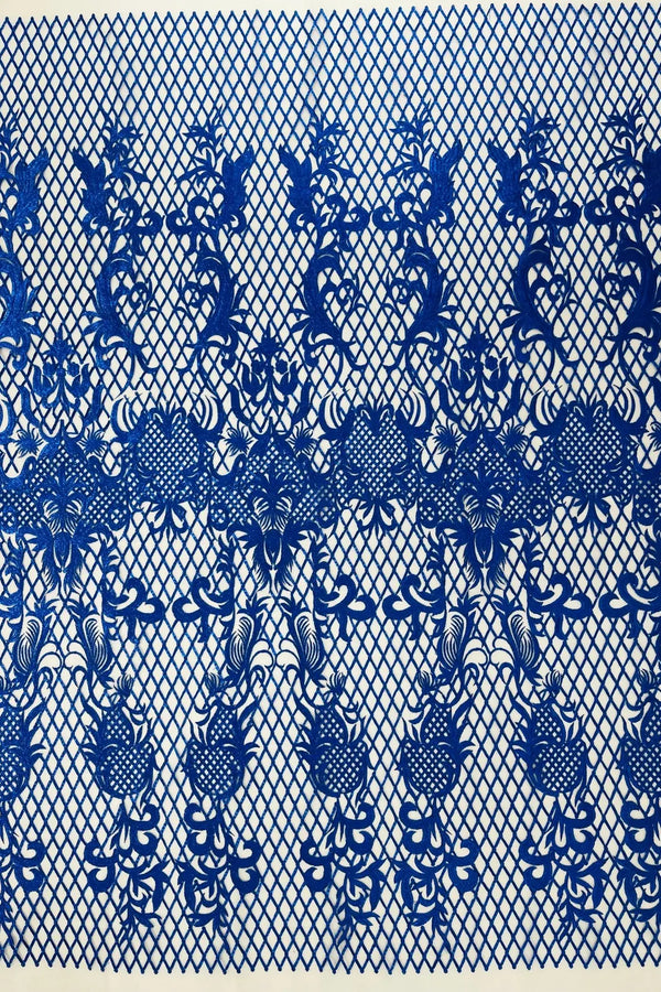 Damask on Net Lace Fabric - Royal Blue - Embroidered Lace Mesh Damask Design Fabric by Yard