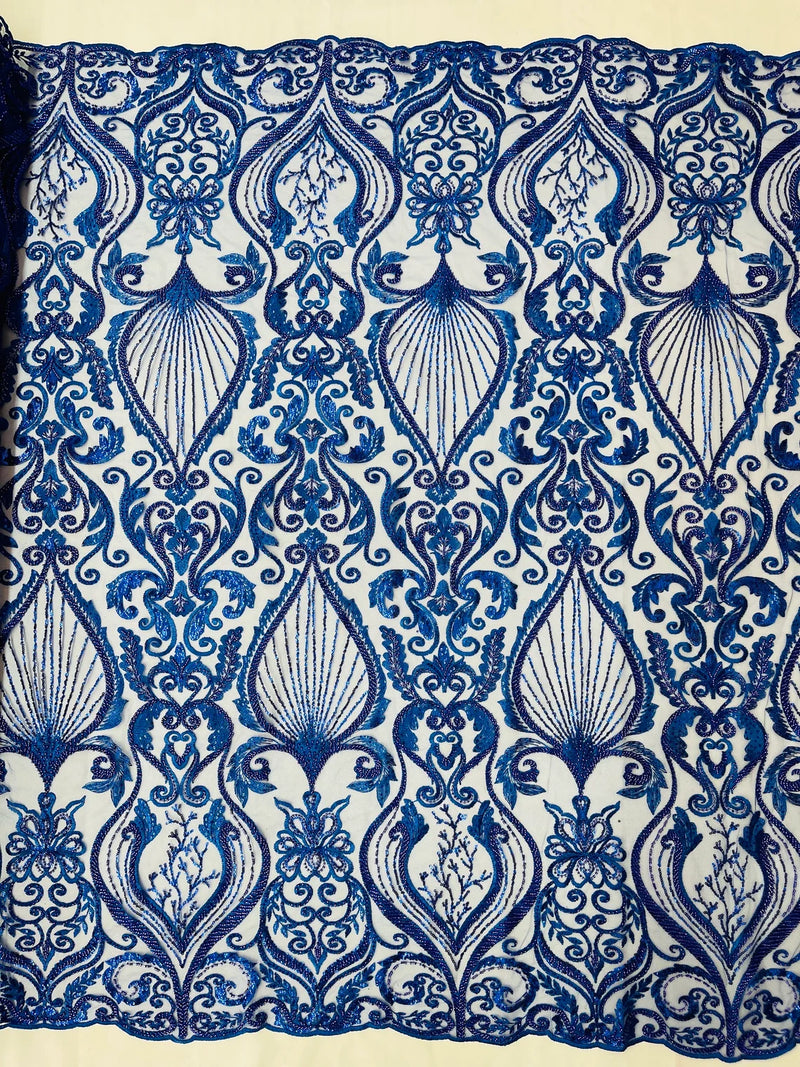 Damask Leaf Bead Fabric - Royal Blue - Heavy Beaded Embroidered Sequins Lace Fabric by Yard