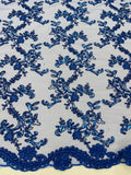 Floral Sequins Lace Fabric - Royal Blue - Embroidery Flower Clusters Design with Shiny Sequins  Fabric Sold By Yard
