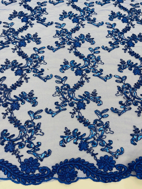 Floral Sequins Lace Fabric - Royal Blue - Embroidery Flower Clusters Design with Shiny Sequins  Fabric Sold By Yard