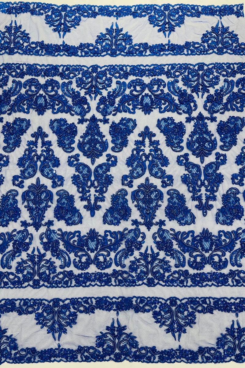 Beaded My Lady Damask Design - Royal Blue - Beaded Fancy Damask Embroidered Fabric By Yard