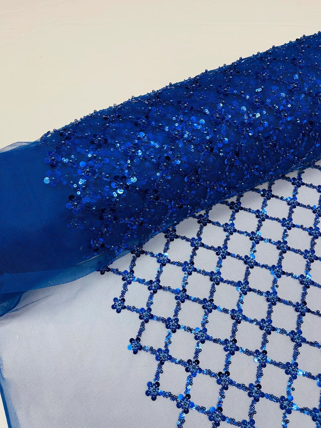 Beaded Diamond Net Fabric - Royal Blue - Embroidered Geometric Beaded Sequins Fabric Sold By Yard