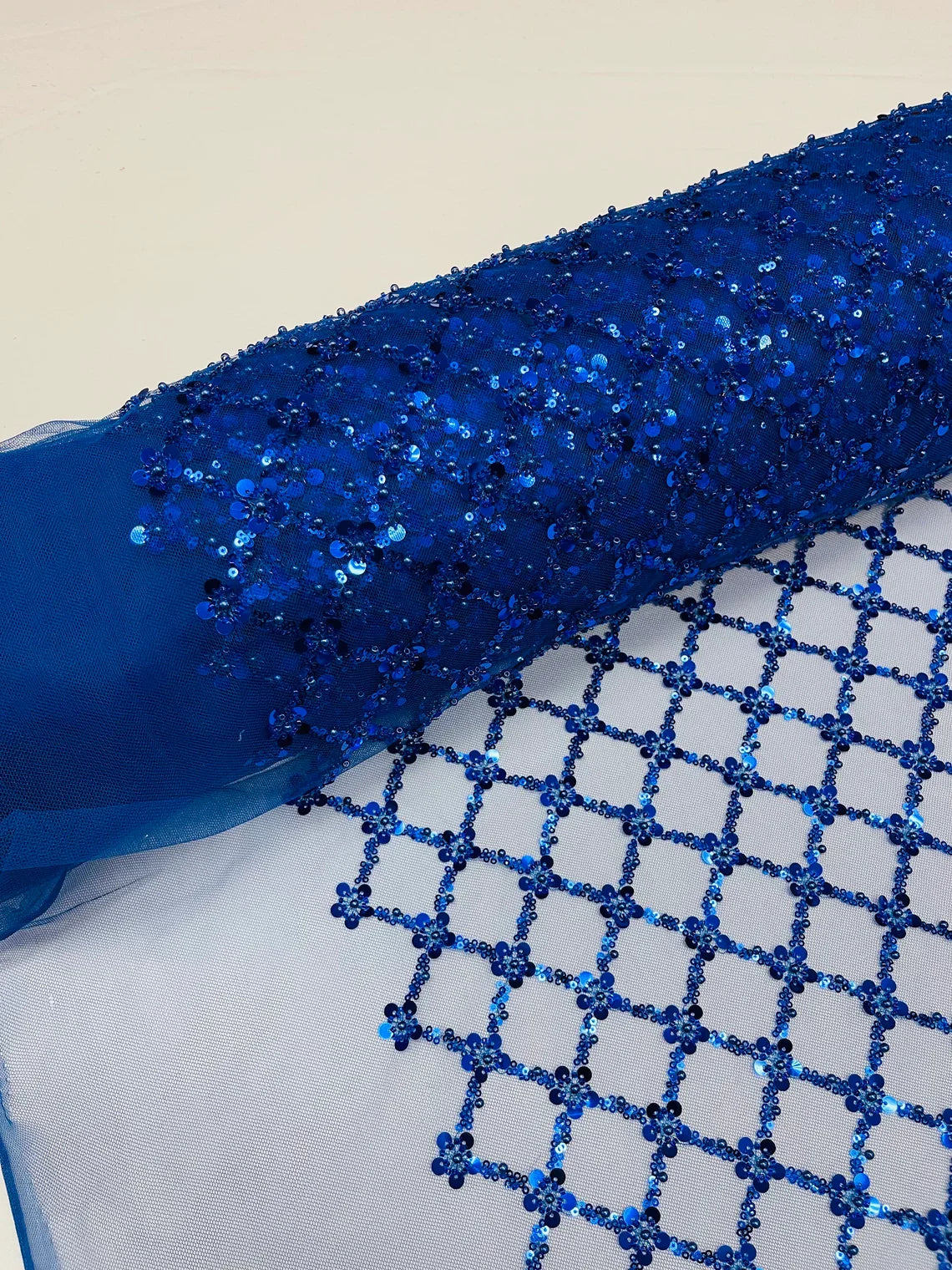 Beaded Diamond Net Fabric - Royal Blue - Embroidered Geometric Beaded Sequins Fabric Sold By Yard