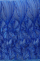 Curvy Line Design Fabric - Royal Blue - 4 Way Stretch Sequins Design Mesh Lace Fabric by Yard