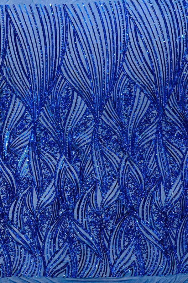 Curvy Line Design Fabric - Royal Blue - 4 Way Stretch Sequins Design Mesh Lace Fabric by Yard