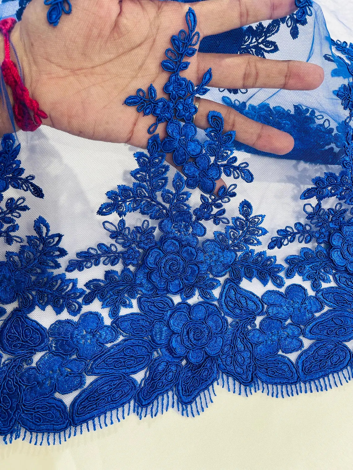 Corded Floral 3D Fabric - Royal Blue - Embroidered Floral Design on Lace Mesh Fabric by Yard