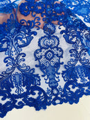 King Lace Pattern Fabric - Royal Blue - Embroidered Sequins on Lace Mesh Fabric By Yard