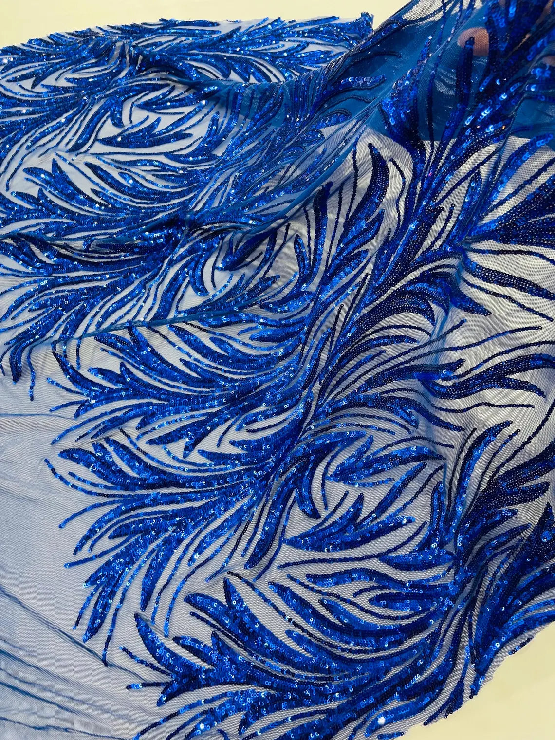 Leaf Design Stretch Sequins - Royal Blue - 4 Way Stretch Lace Mesh Sequins Fabric by Yard