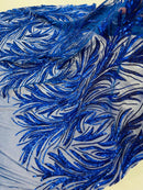 Leaf Design Stretch Sequins - Royal Blue - 4 Way Stretch Lace Mesh Sequins Fabric by Yard
