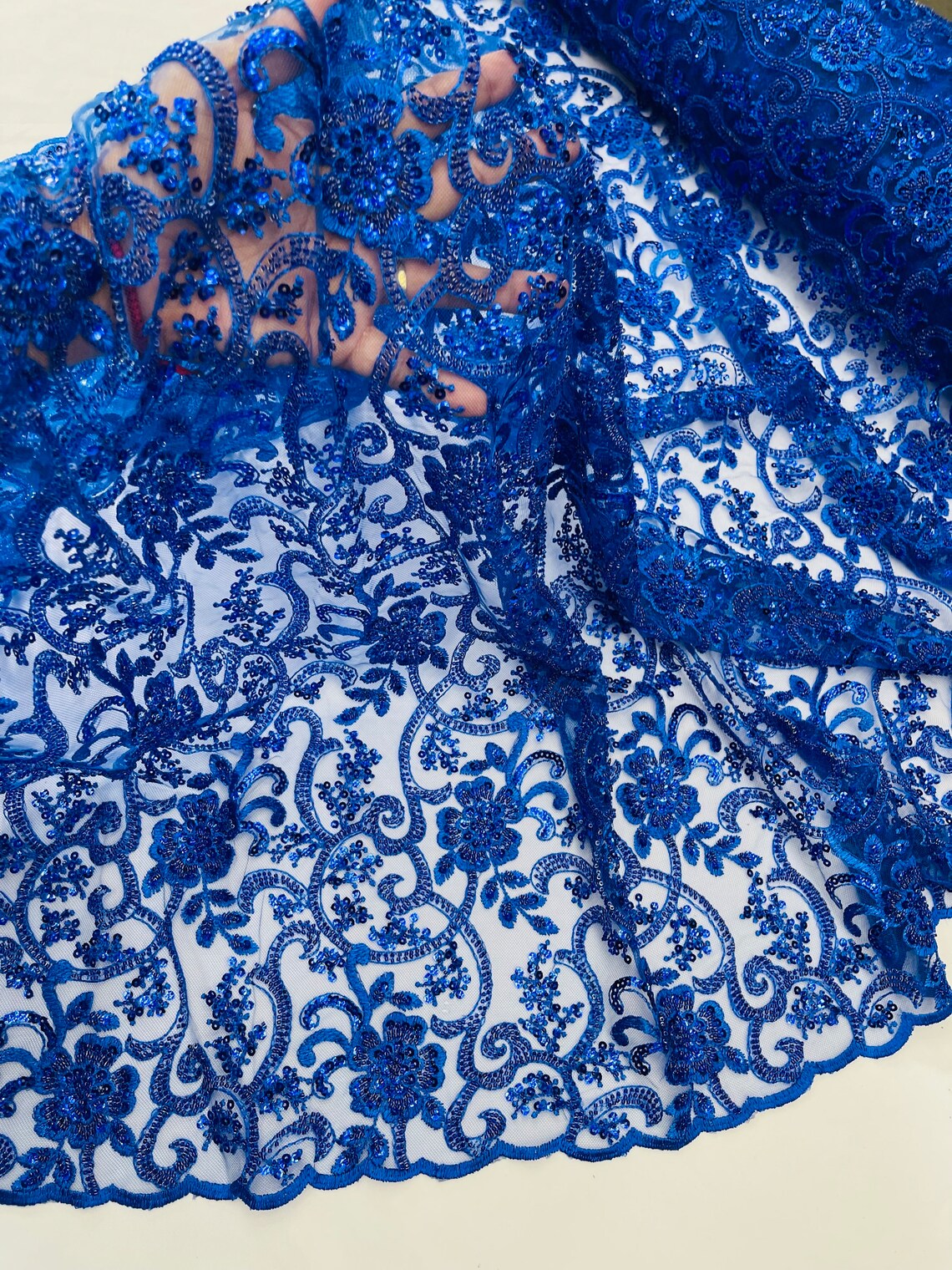 Embroidery Floral Bead Fabric - Royal Blue - Bridal Embroidery Beaded Floral  Fabric Sold by Yard
