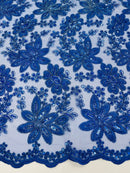 Corded Lace Floral Fabric - Royal Blue - Hologram Sequins Metallic Thread Floral Fabric by Yard