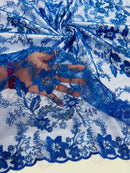 Floral Metallic Lace Fabric - Royal Blue - Corded Embroidered Floral Sequins Fabric by Yard