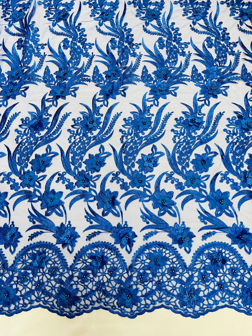 3D Floral Leaf Panels - Royal Blue - Embroidered 3D Flower Lines with Pearls on Lace By Yard