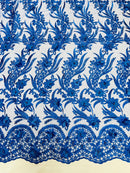 3D Floral Leaf Panels - Royal Blue - Embroidered 3D Flower Lines with Pearls on Lace By Yard