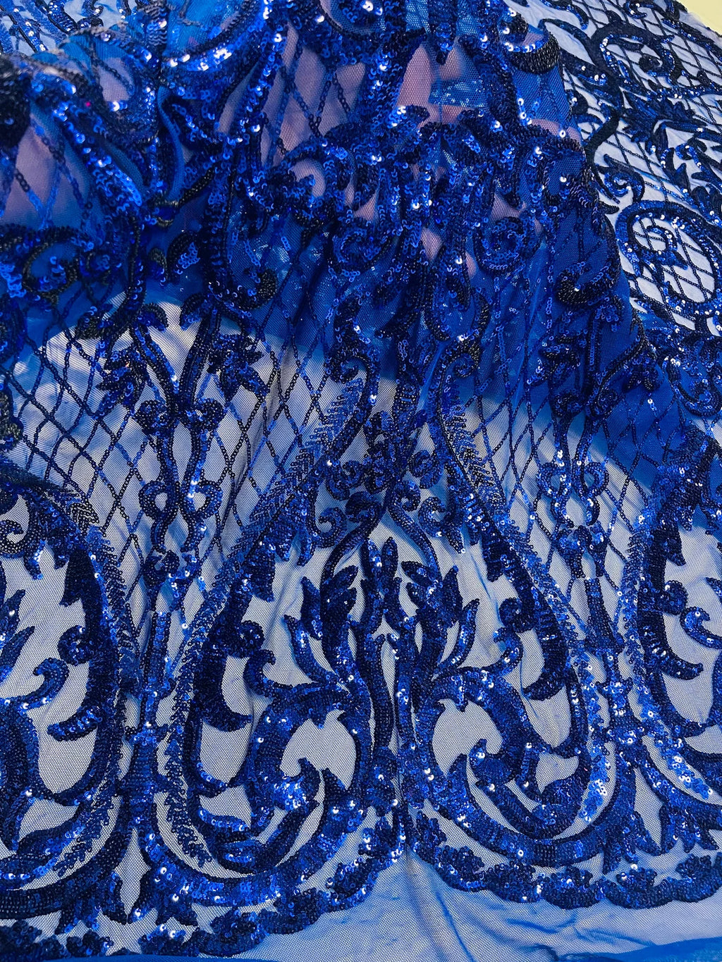 Royal Blue Sequin Fabric by the Yard/ Sequin Stretch Velvet Fabric/  Embroidered Lace Fabric / Blue Spandex Velvet Fabric With Sequin -   Canada