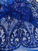 Heart Damask Sequins - Royal Blue - 4 Way Stretch Sequins Fabric By Yard
