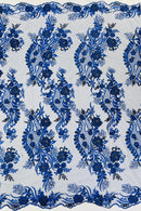 Corded Lace Sequins Fabric - Royal Blue - Embroidered Fancy Flower and Fish Design Sold By Yard