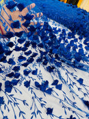 3D Flower Glitter Fabric - Royal Blue - Flower Design on Glitter Mesh Fabric Sold By Yard