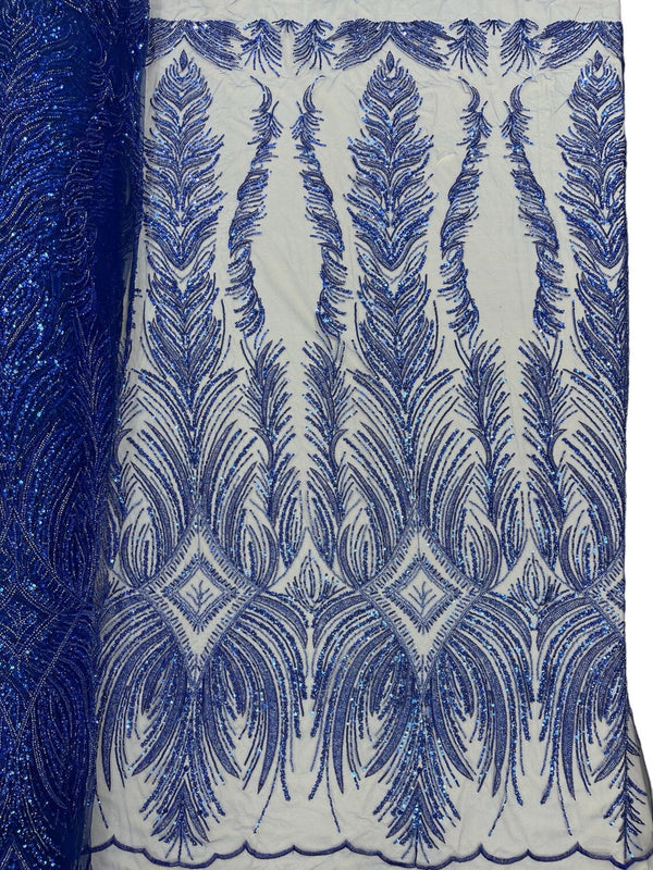 Beaded Lines Fabric - Royal Blue - Luxury Beads and Sequins Line Design Fabric By Yard