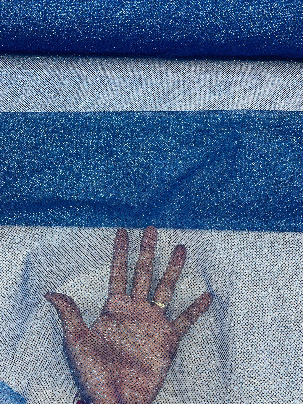 Shimmer Glitter Mesh Fabric - Royal Blue - Shiny Glitter Dots Design on Lace Mesh Sold By Yard
