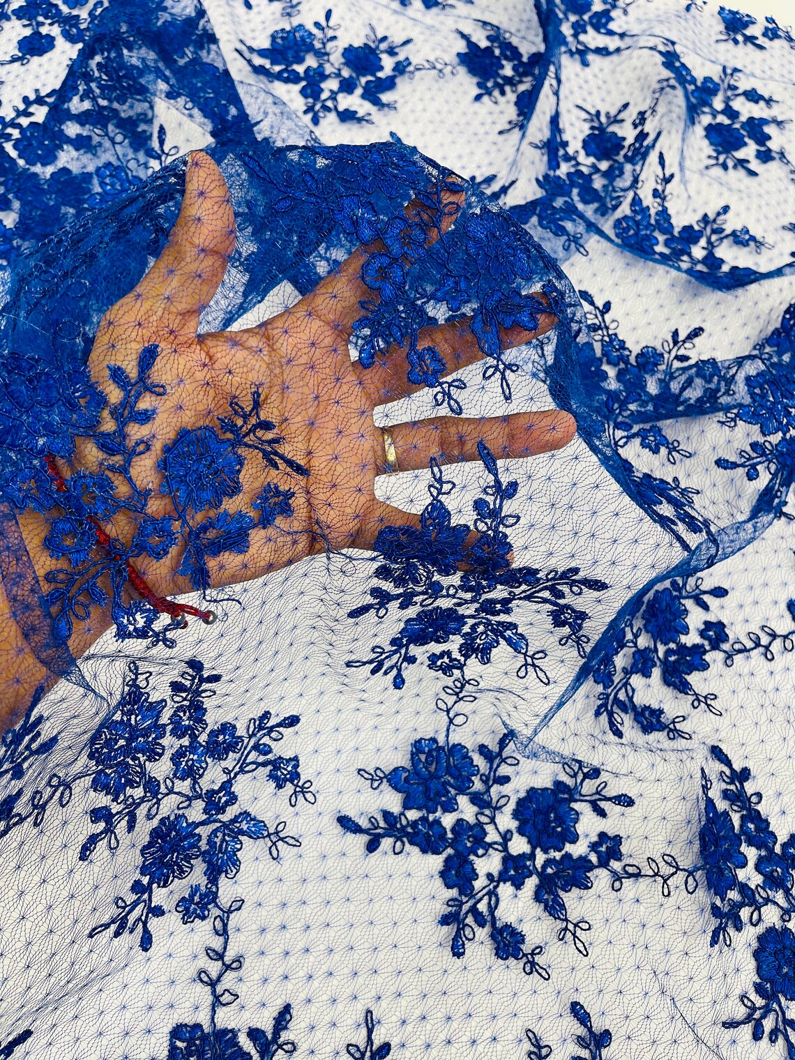 Embroidered Corded Lace Fabric - Royal Blue - Cluster Fancy Flower Embroidered Lace Fabric By Yard