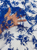 Embroidered Corded Lace Fabric - Royal Blue - Cluster Fancy Flower Embroidered Lace Fabric By Yard