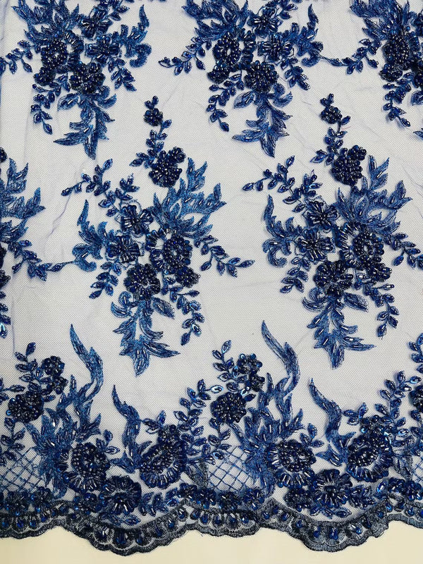 Floral Leaf Beaded Fabric - Royal Blue - Embroidered Flower Leaf Design Beaded Fabric By Yard