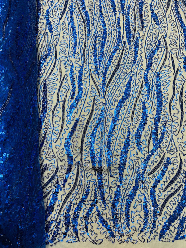 Wavy Design Beaded Fabric - Royal Blue - Beaded Wavy Leaf Embroidered Fabric By Yard