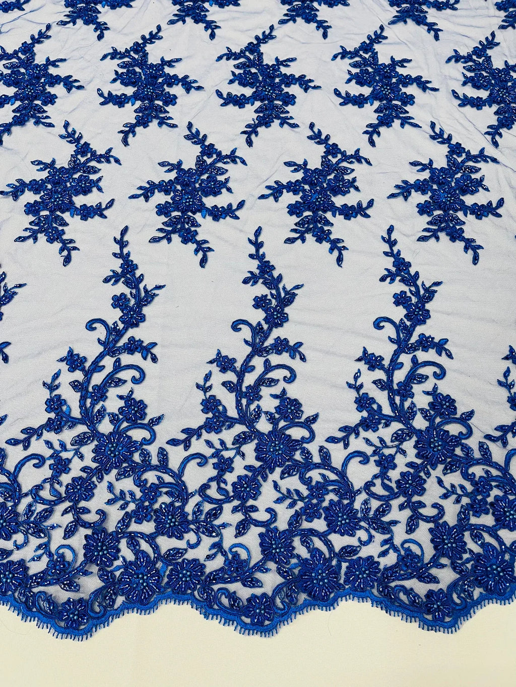 Beaded Floral Cluster - Royal Blue - Fancy Embroidered Glamorous Floral Design Sold by Yard