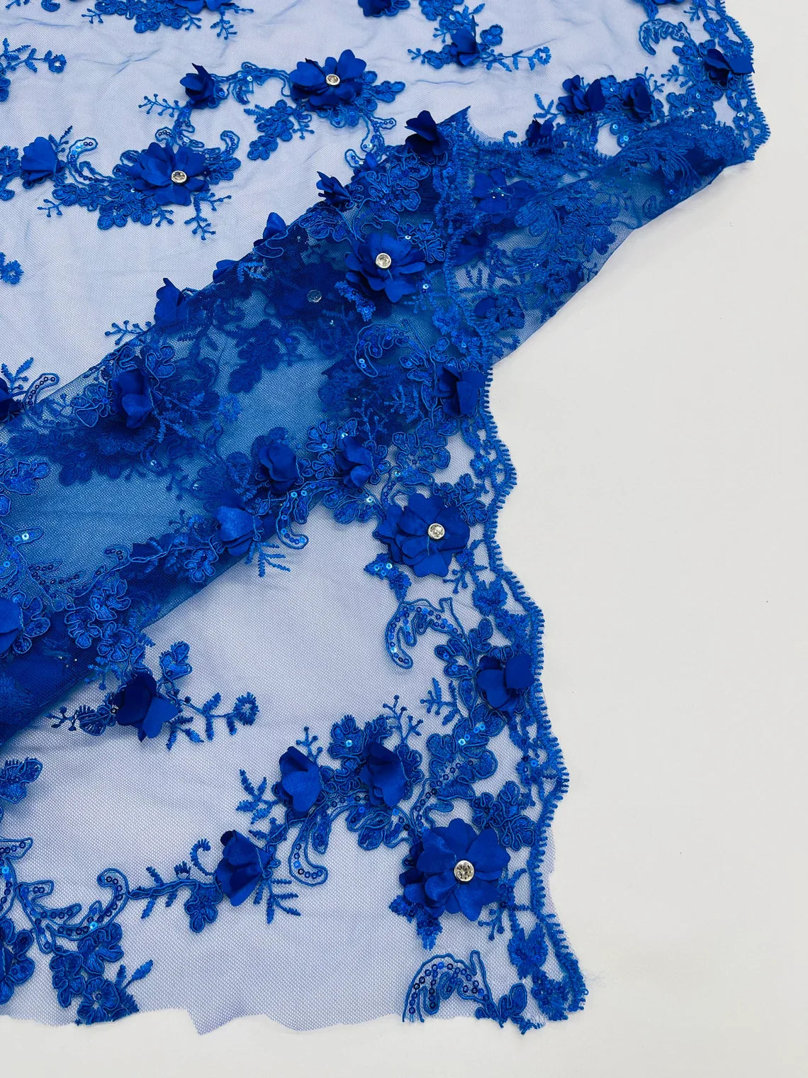 3D Lace Flower Fabric - Royal Blue - Embroidered Sequins and 3D Floral Patterns on Lace By Yard
