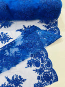 Floral Lace Flower Fabric - Royal Blue - Floral Embroidered Fabric with Sequins on Lace By Yard