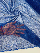 3D Beaded Mesh Fabric - Royal Blue - Embroidered Beaded Lace Mesh Fabric with Small Sequins Sold By Yard