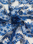 Corded Lace Sequins Fabric - Royal Blue - Embroidered Fancy Flower and Fish Design Sold By Yard
