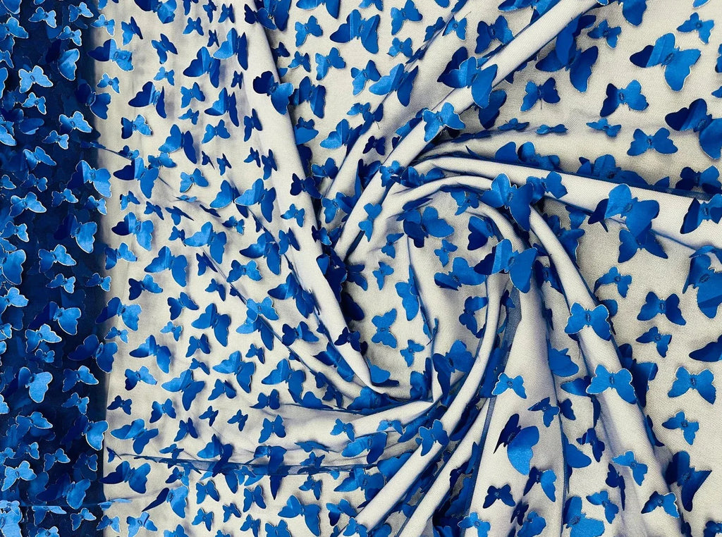 3D Butterfly Design Lace - Royal Blue - Embroidered Lace with 3D Butterfly Design By Yard