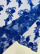 3D Flower Cluster Fabric - Royal Blue - 3D Flower Leaf Design Fabric with Pearls Sold By Yard