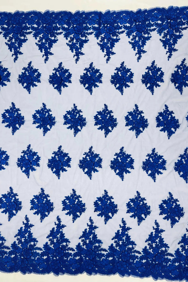 Corded Floral 3D Fabric - Royal Blue - Embroidered Floral Design on Lace Mesh Fabric by Yard