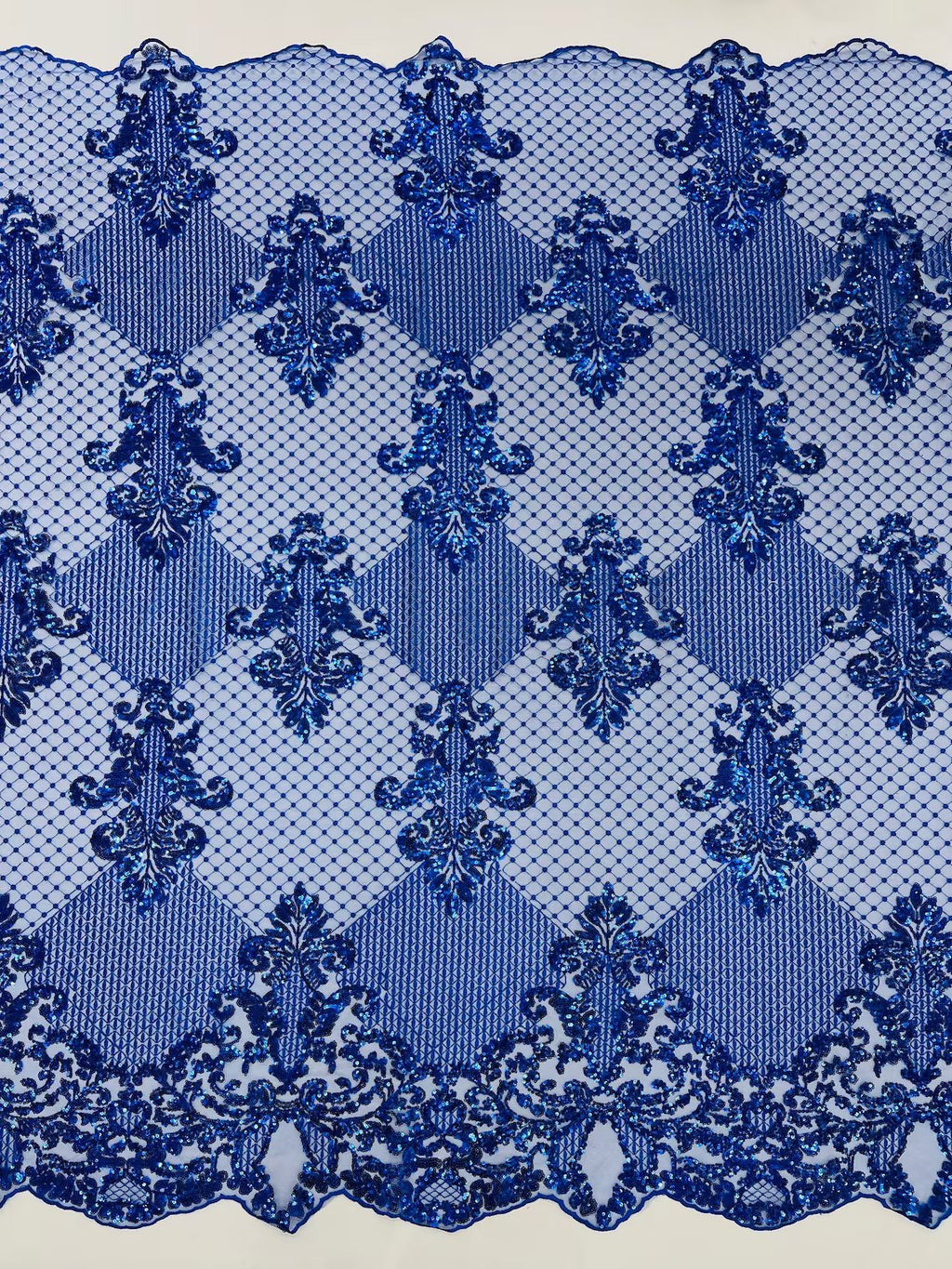 King Damask Design Fabric - Royal Blue - Embroidered Corded Mesh Lace Fabric with Sequins By Yard