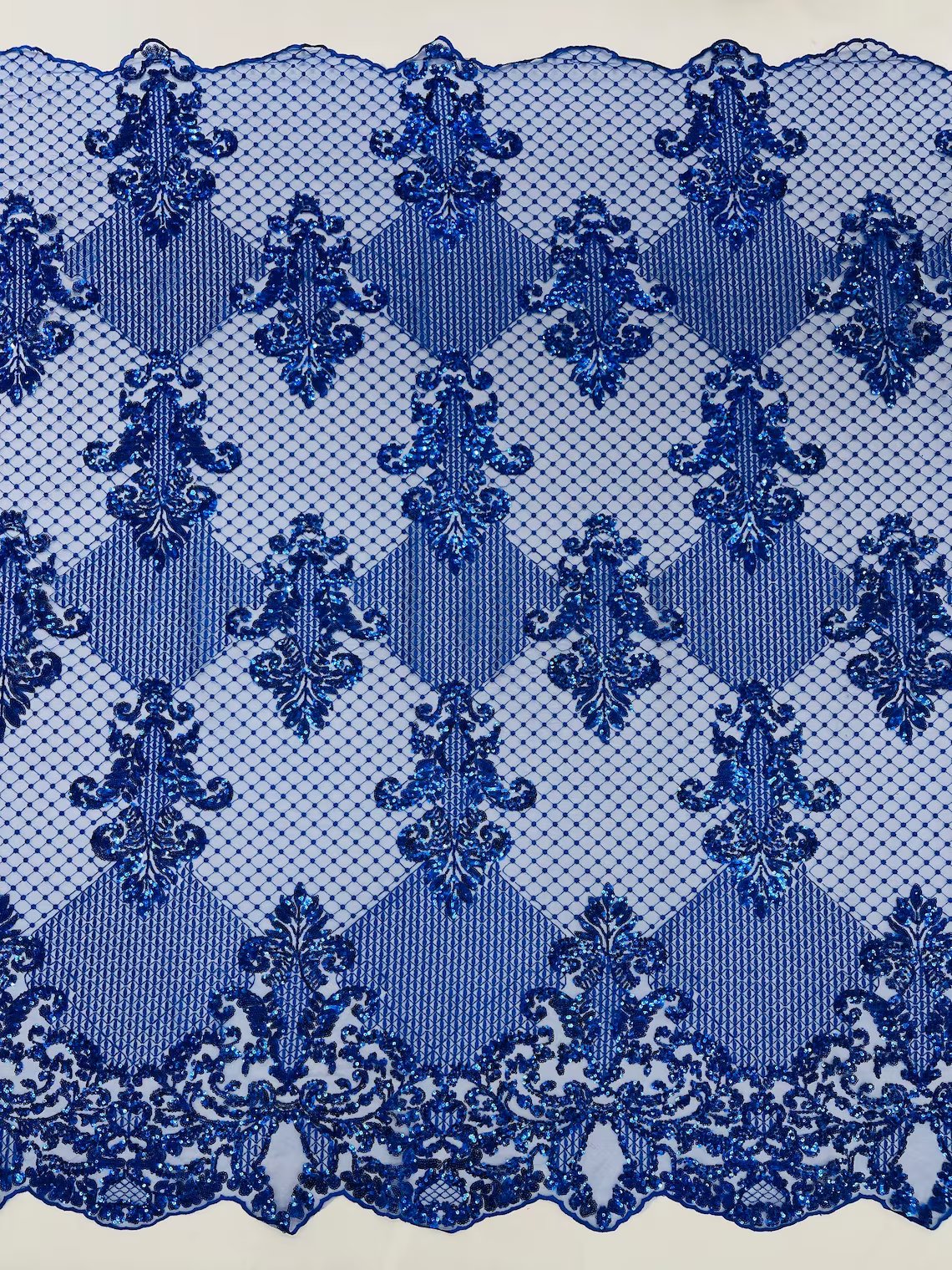 King Damask Design Fabric - Royal Blue - Embroidered Corded Mesh Lace Fabric with Sequins By Yard